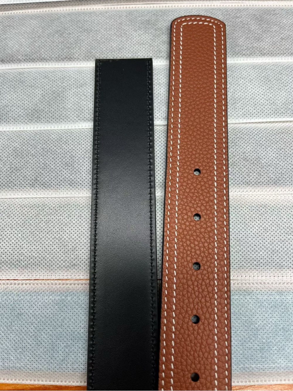 Reversible Leather Belt in Black and Brown with Contrast Stitching
